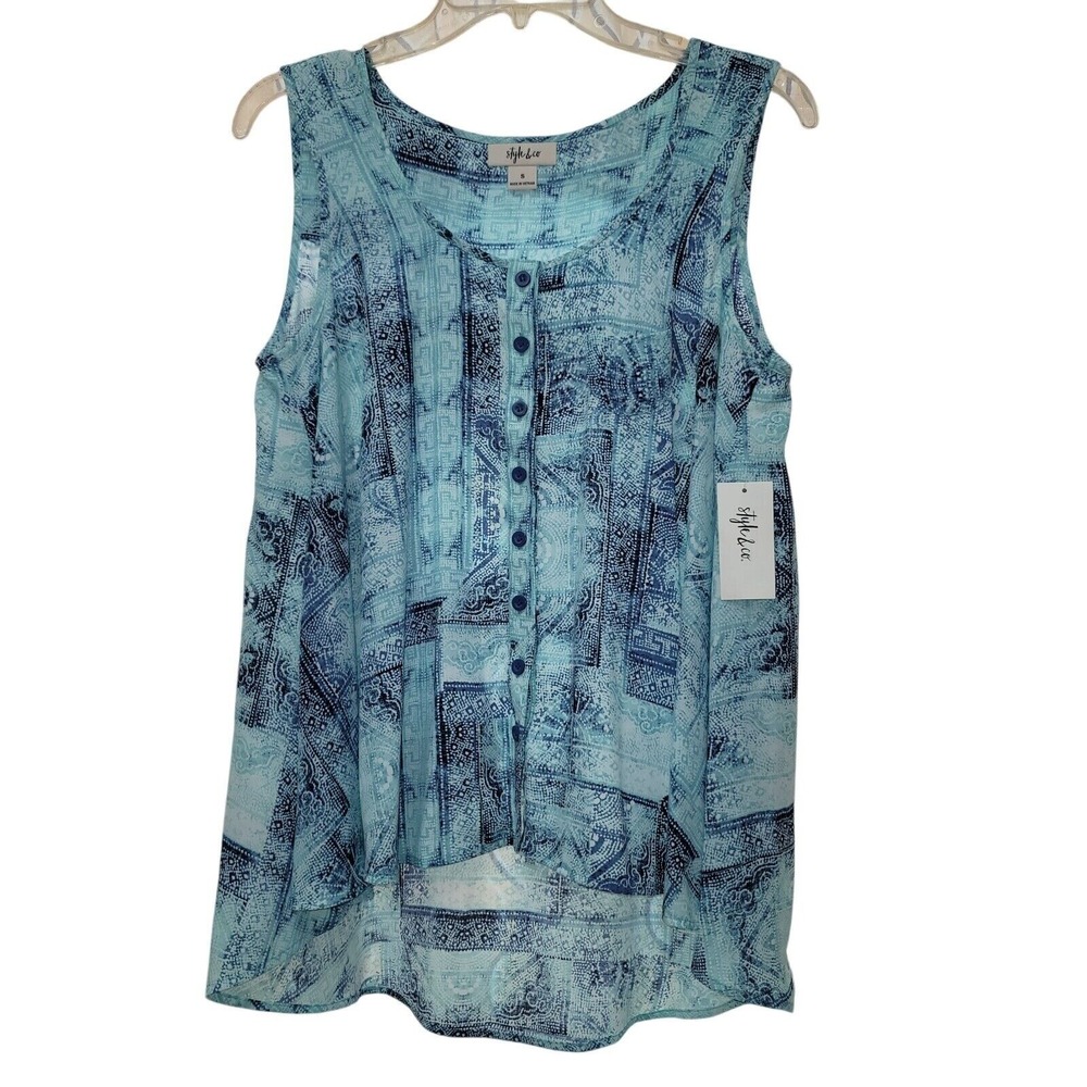 Style & Co Womens S Sleeveless High-Low Swing Button Top Flowy Boho Casual Artsy